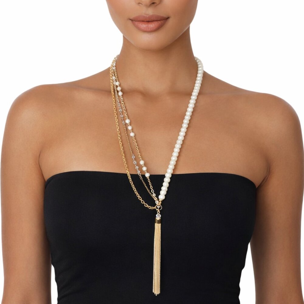 Express Pearl and Gold Chain Multi-Strand Tassel Statement Necklace
